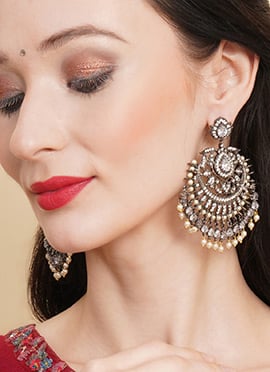 Silver Kundan Stones And Beads Chaand Bali