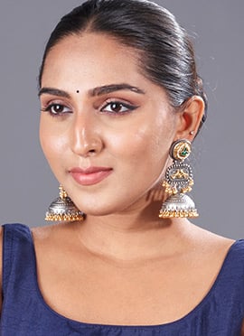 Silver Kundan With beads And Ghungroo Jhumka