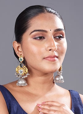 Silver Kundan With Beads And Ghungroo Jhumka