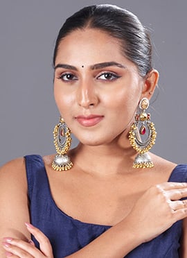 Silver Kundan With Beads Ghungroo Chaand Bali