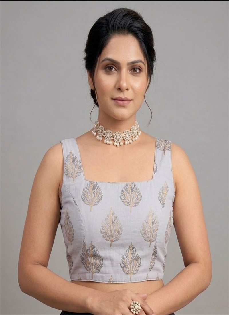Silver Leaf Silk Stretchable Blouse Festive Wear