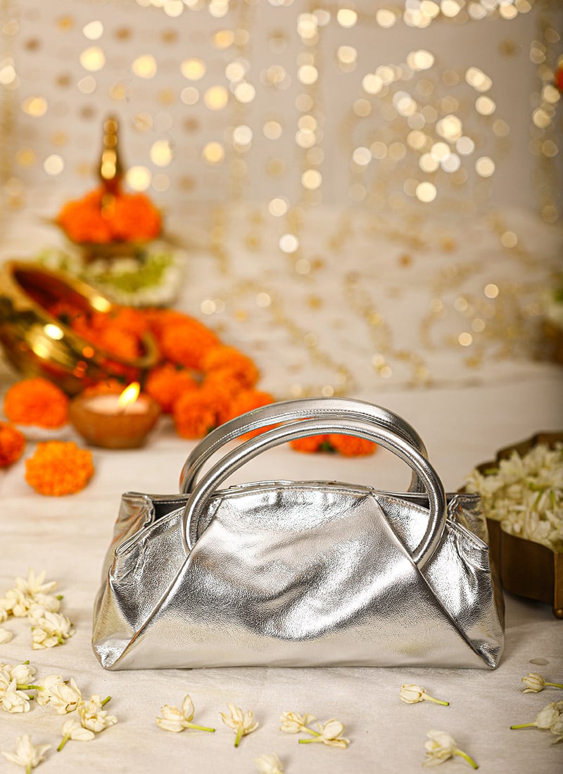 Silver Leather Hand Bag For Women Wedding Wear
