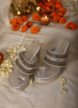 Silver Leather Moti Work Wedges