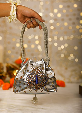 Silver Leather Zardosi Beads And Mirror moti Work Potli