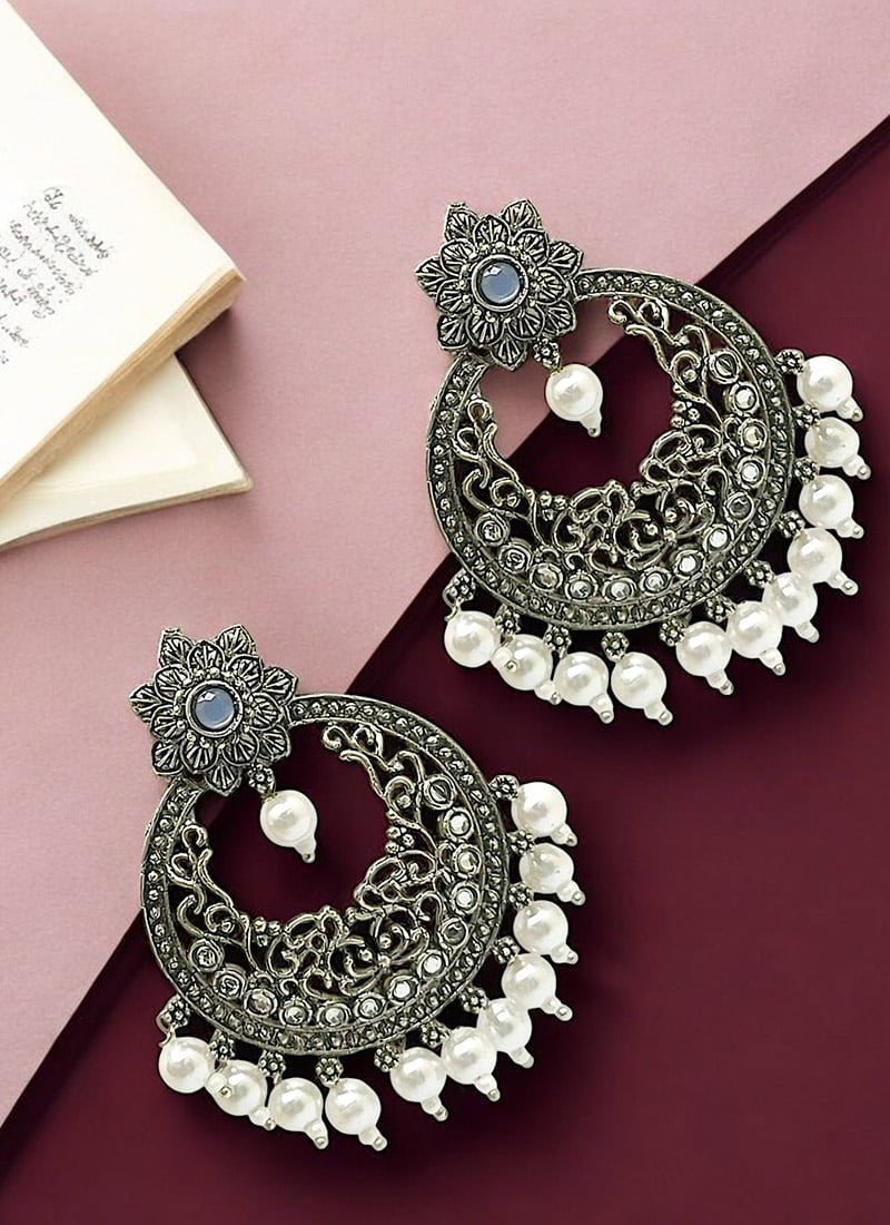 Silver Moti Oxidised Chaand Bali Festive Wear