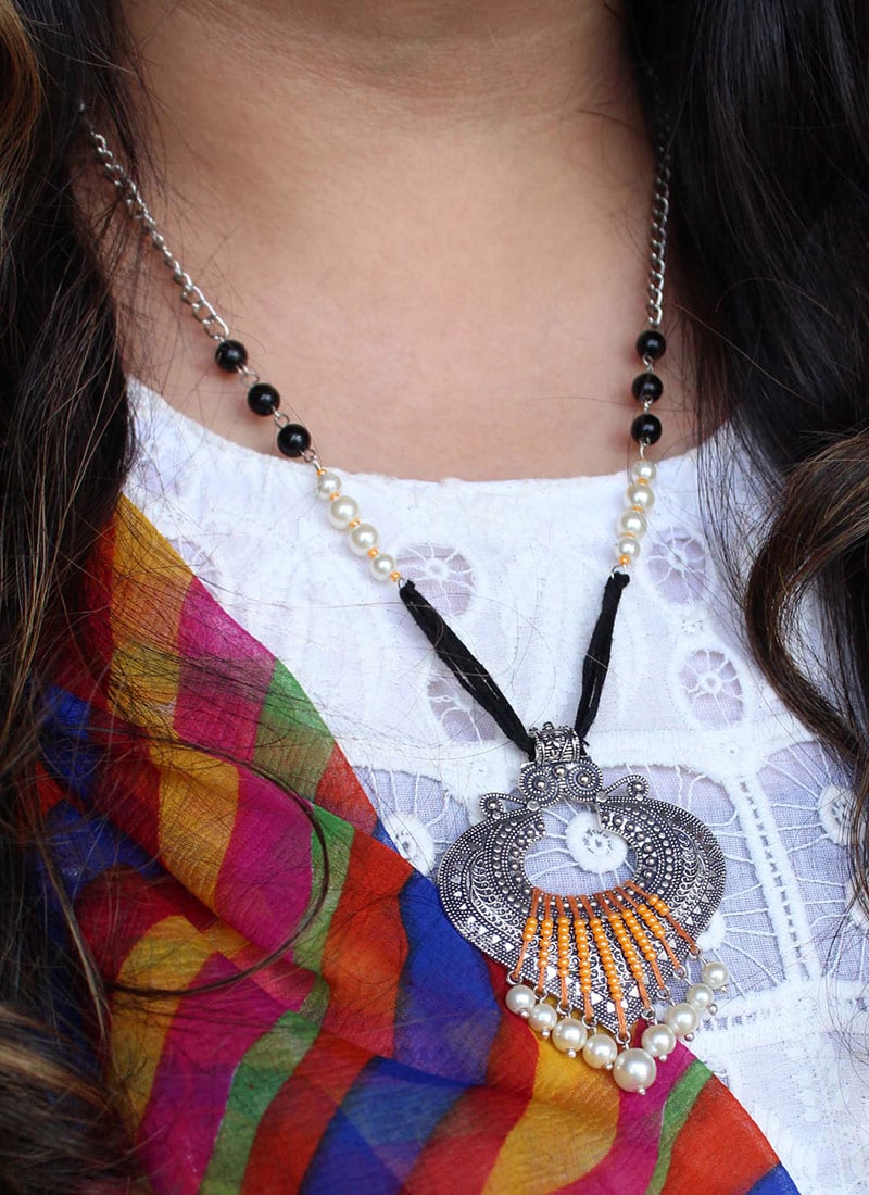 Silver Moti Oxidised Pendant Set Festive Wear