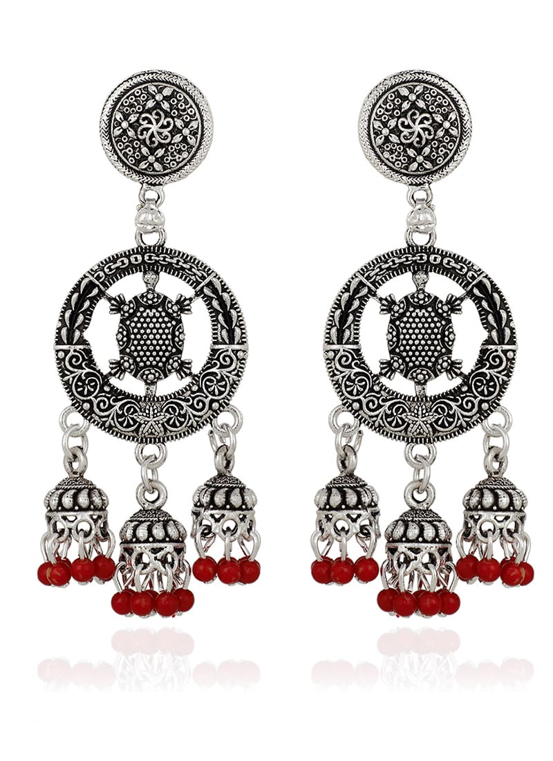 Silver N Red Danglers