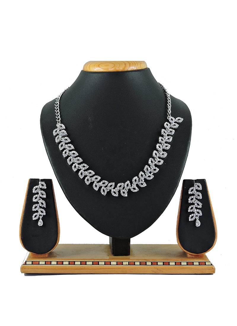 Silver N White Necklace Set Party Wear