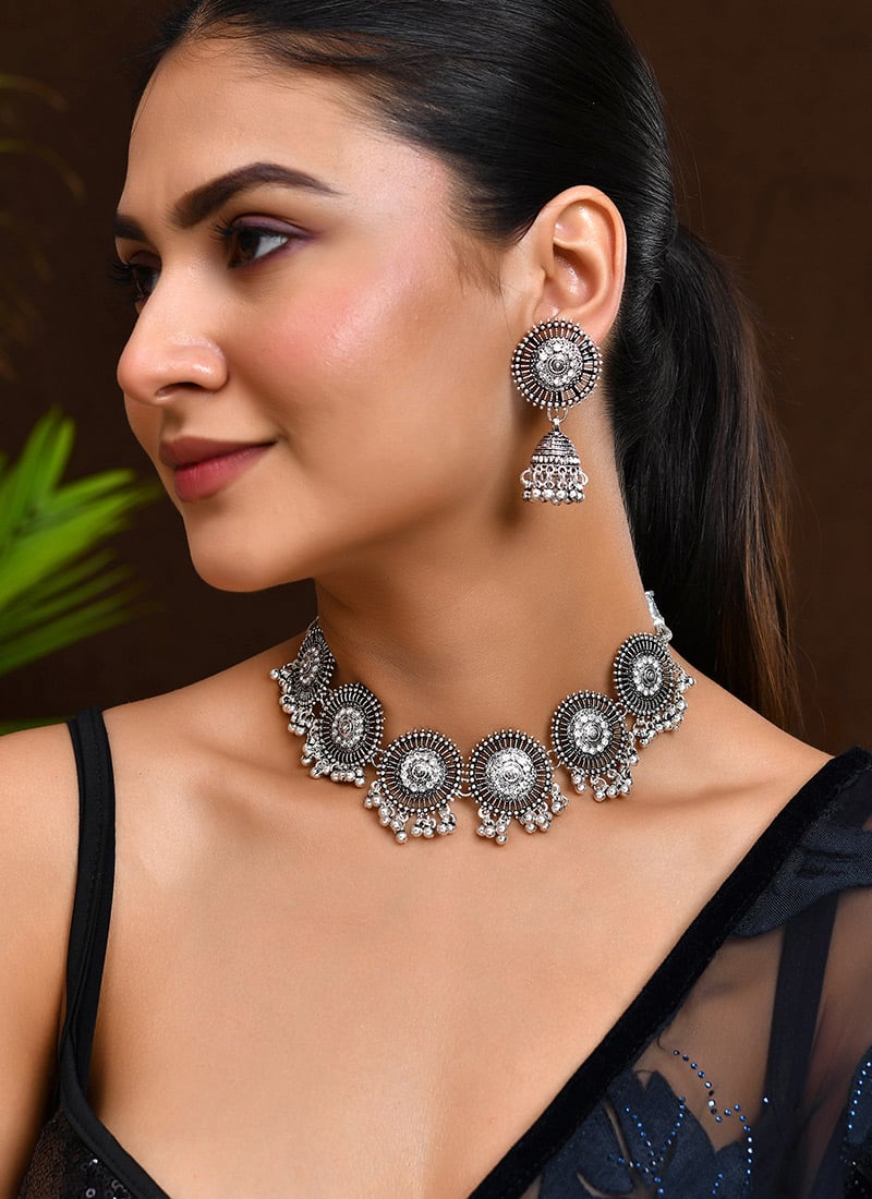 Silver Necklace With Oxidised Stone Design Wedding Wear