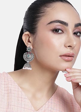 Silver Oxidisd Kundan And Beads Jhumka