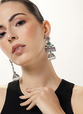 Silver Oxidisd Kundan And Beads Jhumka