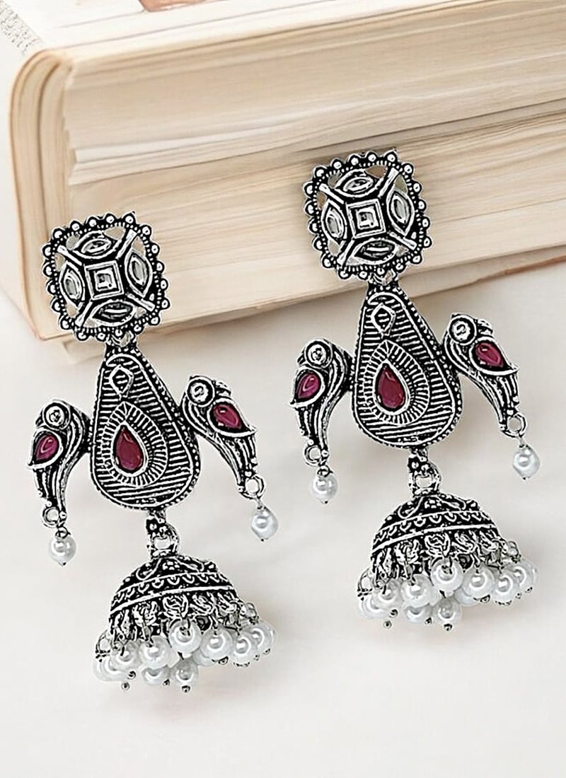 Silver Oxidised Beads Kundan Jhumka