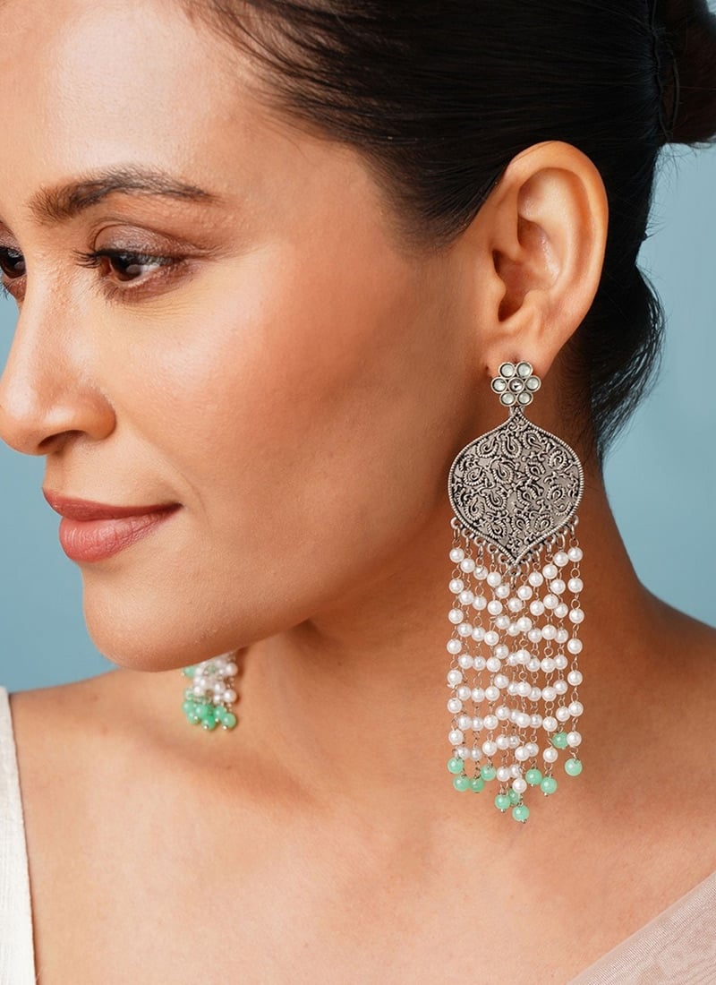 Silver Oxidised Beads Work Danglers Festive Wear