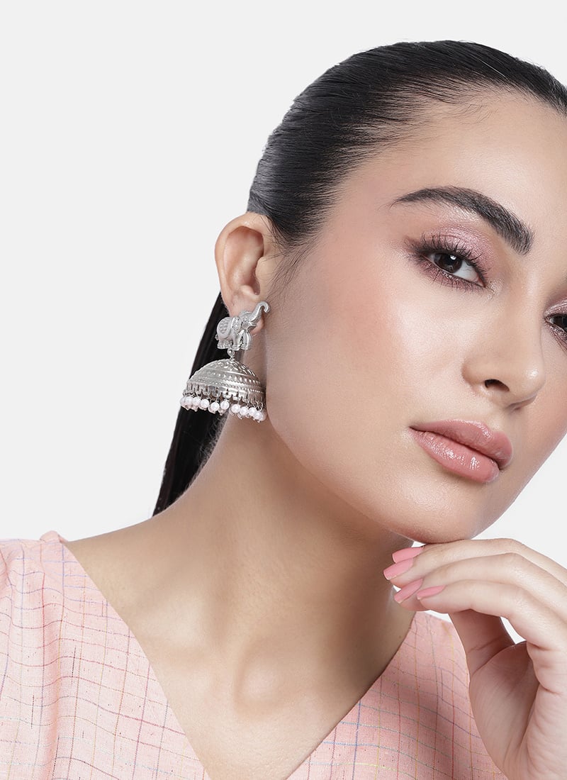 Silver Oxidised Beads Work Elephant Jhumka Festive Wear
