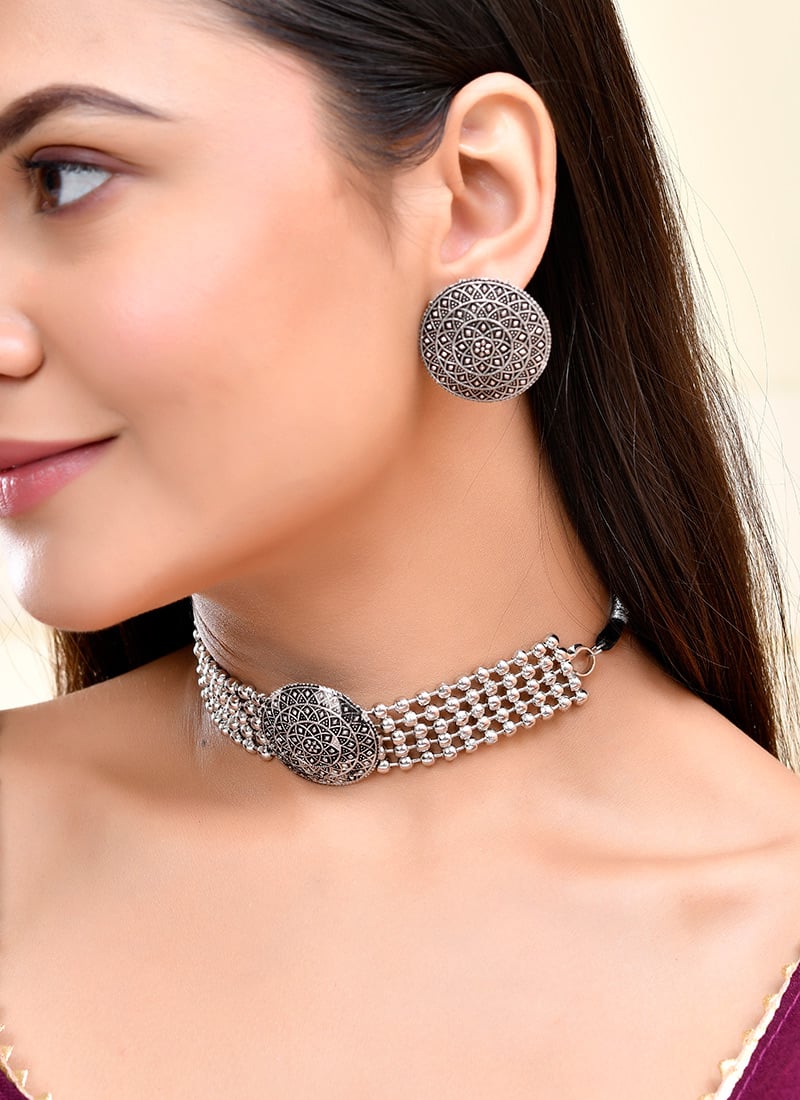 Silver Oxidised Choker Wedding Wear