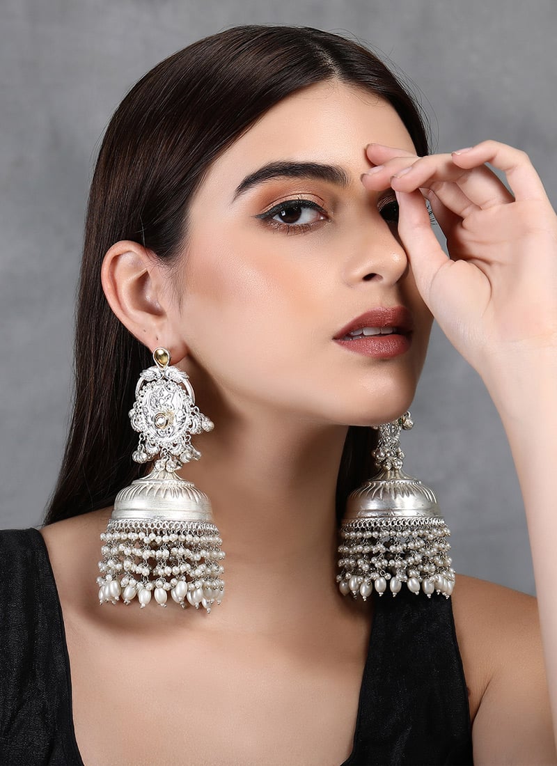 Silver Oxidised Jhumka With Breads Festive Wear