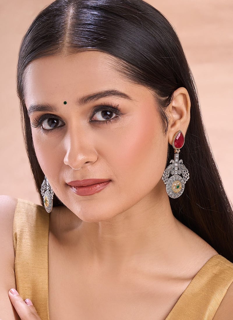 Silver Oxidised Kudan Danglers Festive Wear