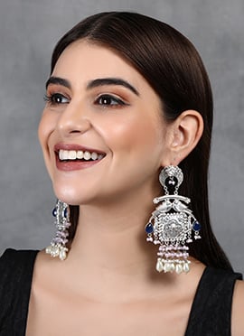 Silver Oxidised Kundan And Beads Chaand Bali