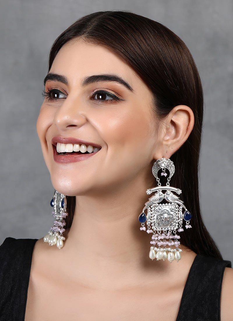 Silver Oxidised Kundan And Beads Chaand Bali Festive Wear