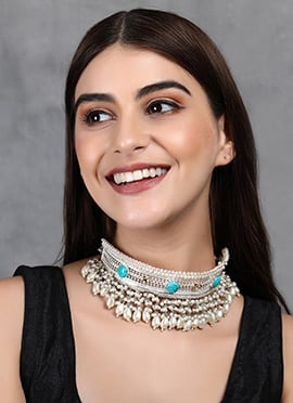 Silver Oxidised Kundan And Beads Choker