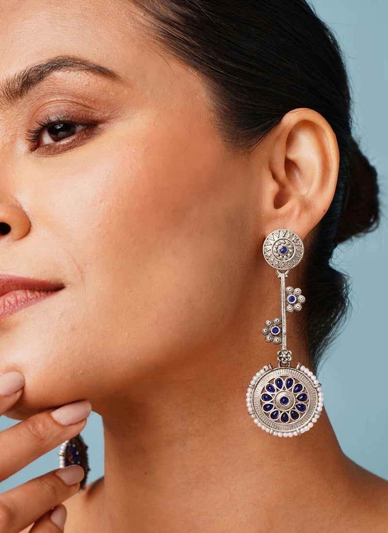 Silver Oxidised Kundan And Beads Danglers Festive Wear