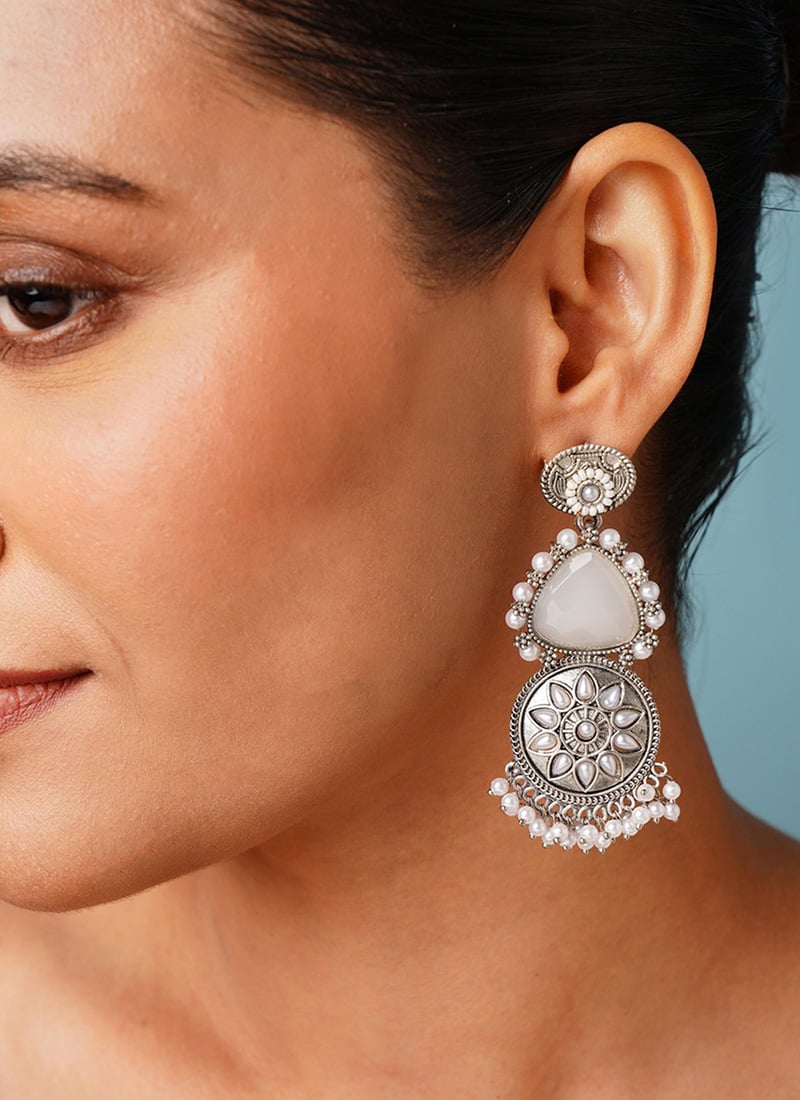 Silver Oxidised Kundan And Beads Danglers Festive Wear