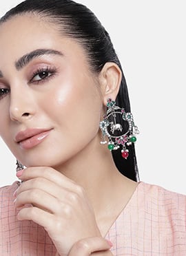 Silver Oxidised Kundan And Beads Danglers