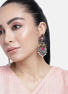 Silver Oxidised Kundan And Beads Danglers