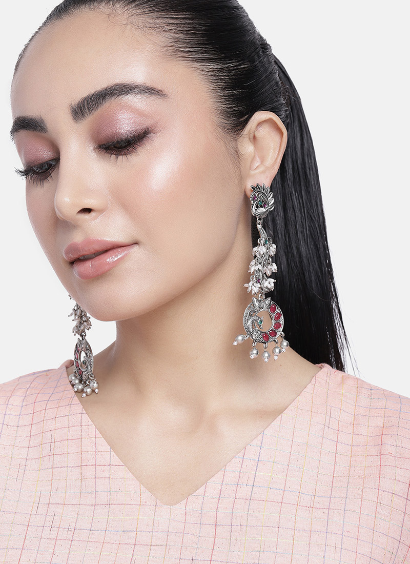 Silver Oxidised Kundan And Beads Danglers Festive Wear