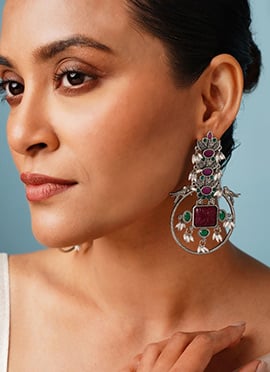 Silver Oxidised Kundan And Beads Danglers