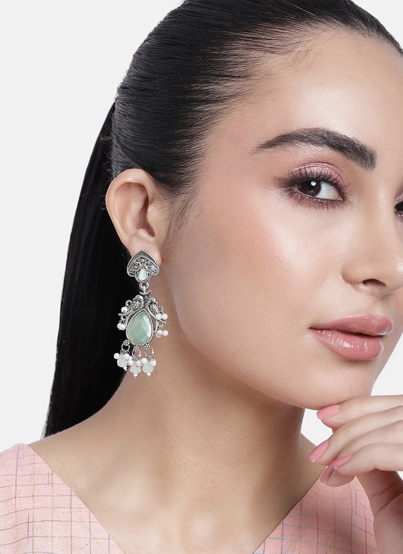 Silver Oxidised Kundan And Beads Danglers Festive Wear
