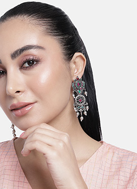 Silver Oxidised Kundan And Beads Danglers