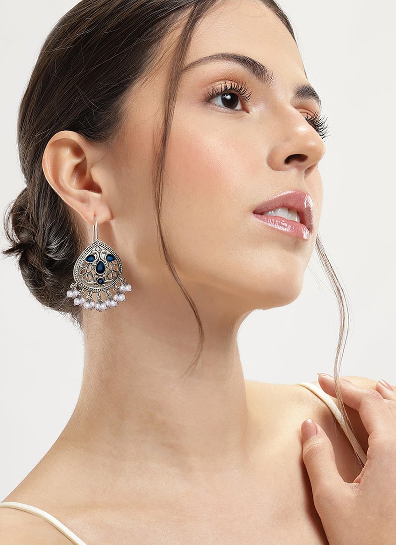 Silver Oxidised Kundan And Beads Danglers Festive Wear
