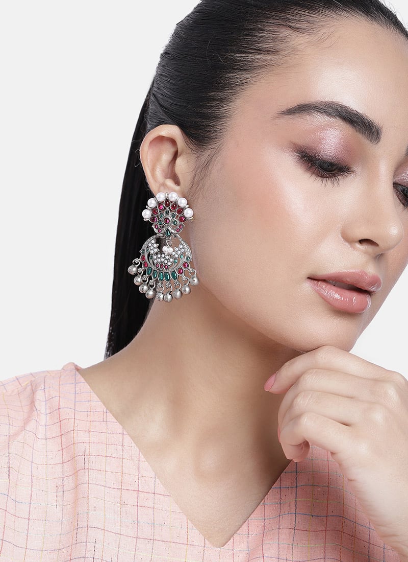 Silver Oxidised Kundan And Moti Work Danglers Festive Wear