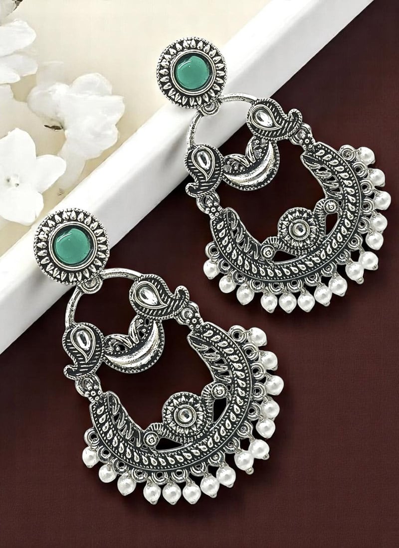 Silver Oxidised Kundan Beads Chaand Bali Festive Wear