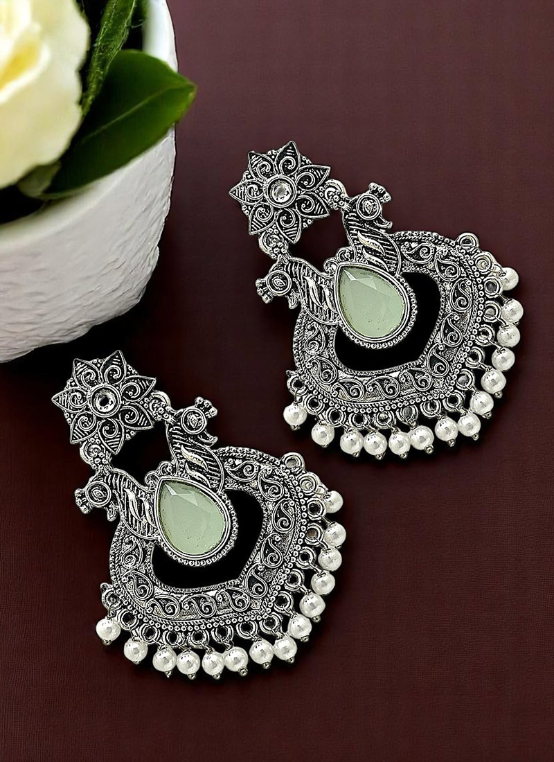 Silver Oxidised Kundan Beads Danglers Festive Wear
