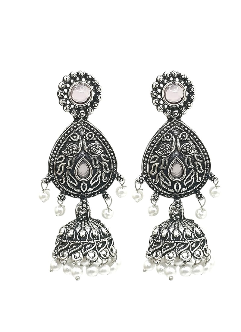 Silver Oxidised Kundan Beads Jhumka Festive Wear