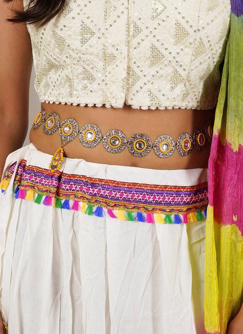 Silver Oxidised Kundan Beads Saree Belt