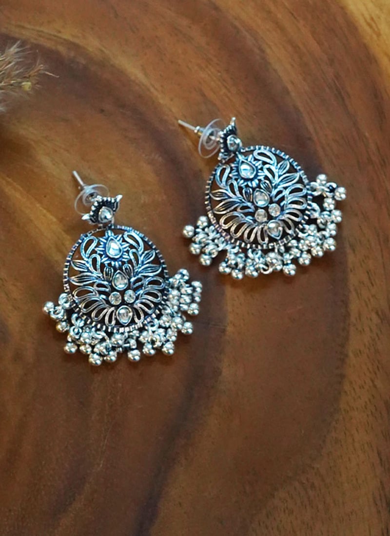 Silver Oxidised Kundan Chaand Bali