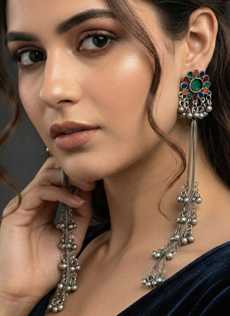Silver Oxidised Kundan Classy Danglers Festive Wear