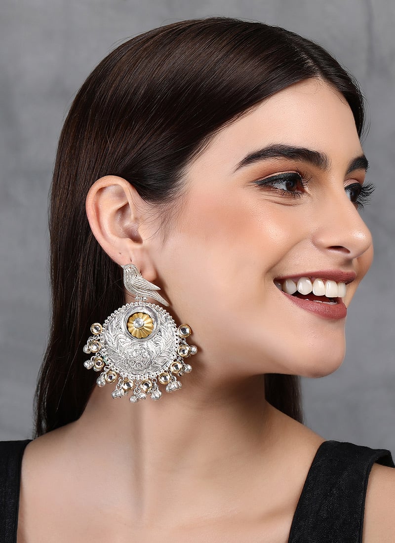 Silver Oxidised Kundan Danglers