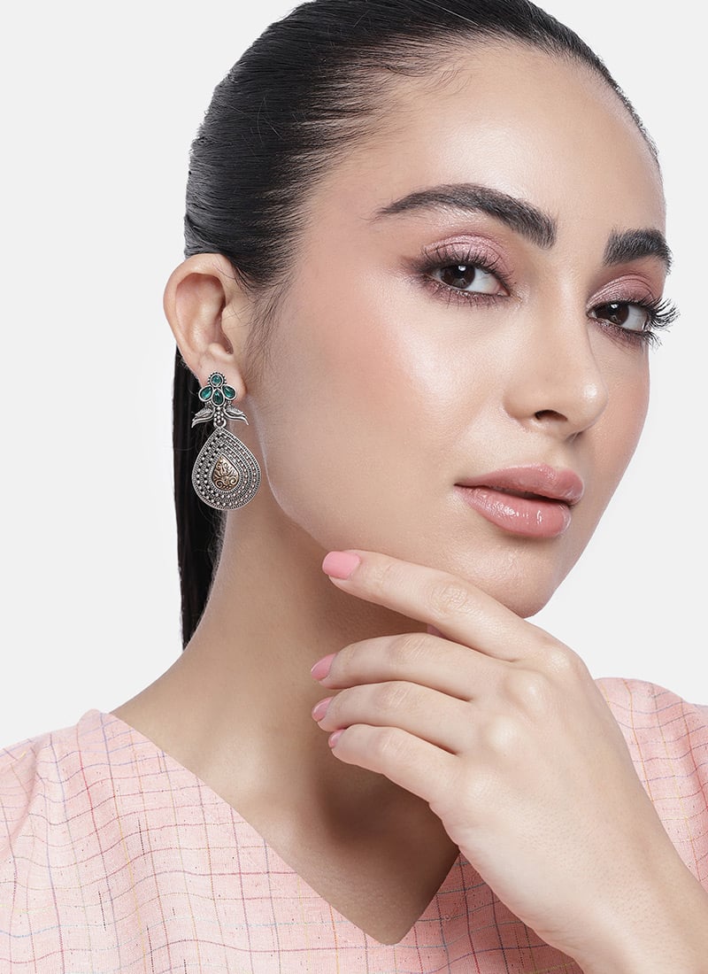 Silver Oxidised Kundan Danglers Festive Wear
