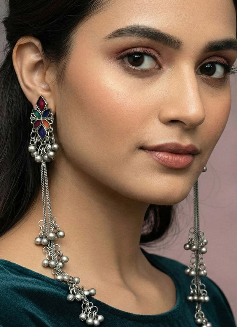 Silver Oxidised Kundan Hevenly Danglers Festive Wear