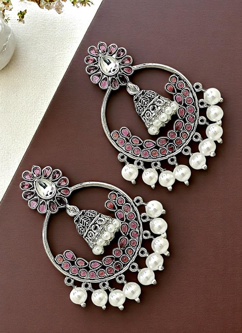 Silver Oxidised Kundan Moti Chaand Bali Festive Wear