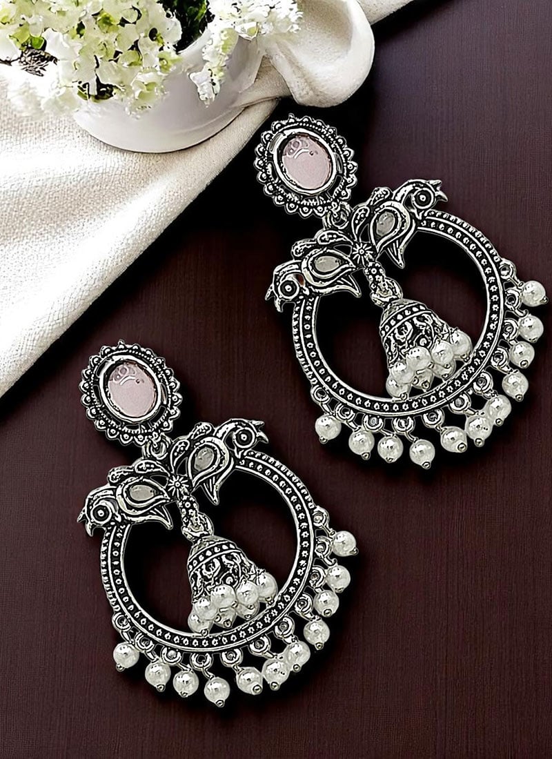 Silver Oxidised Kundan Moti Chaand Bali Festive Wear