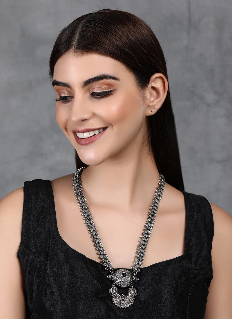 Silver Oxidised Kundan Necklace Festive Wear
