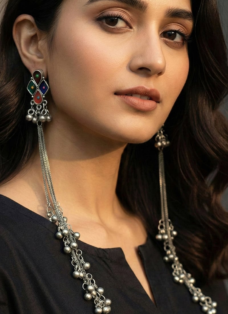 Silver Oxidised Kundan Splendid Danglers Festive Wear