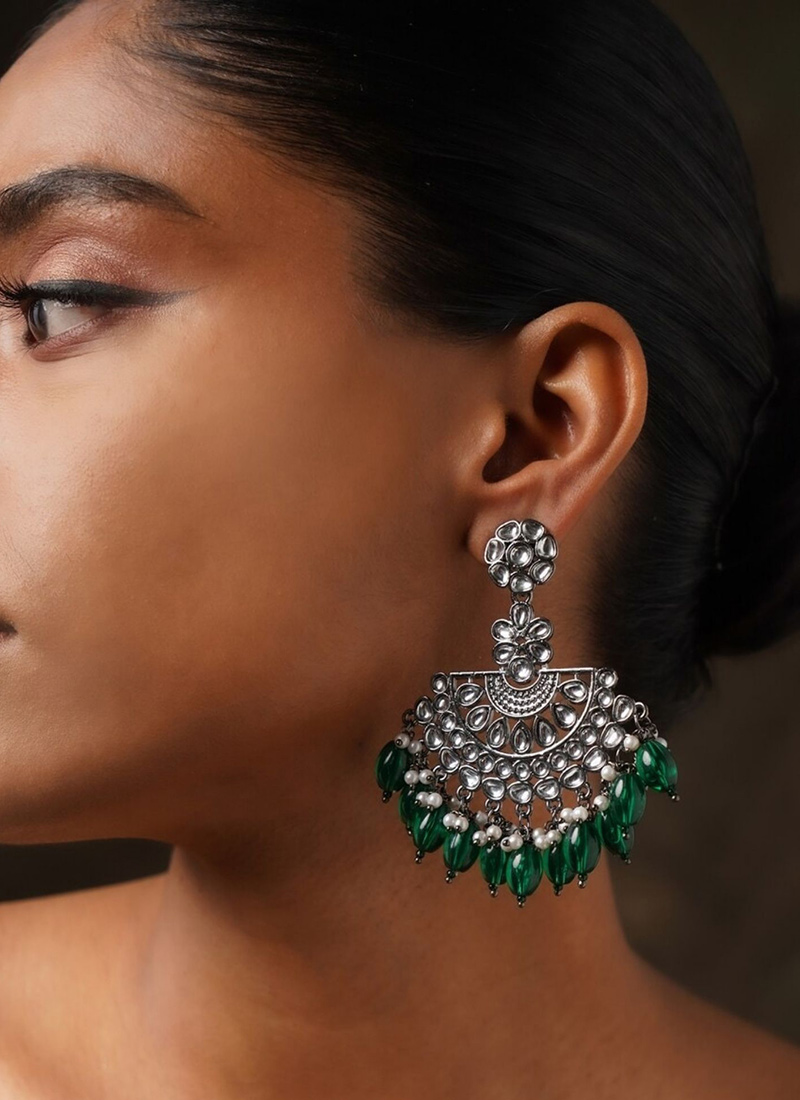 Silver Oxidised Kundan With Beads and Moti Danglers