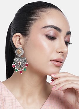 Silver Oxidised Kundan With Beads and Moti Danglers