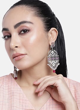 Silver Oxidised Kundan With Beads and Moti Danglers